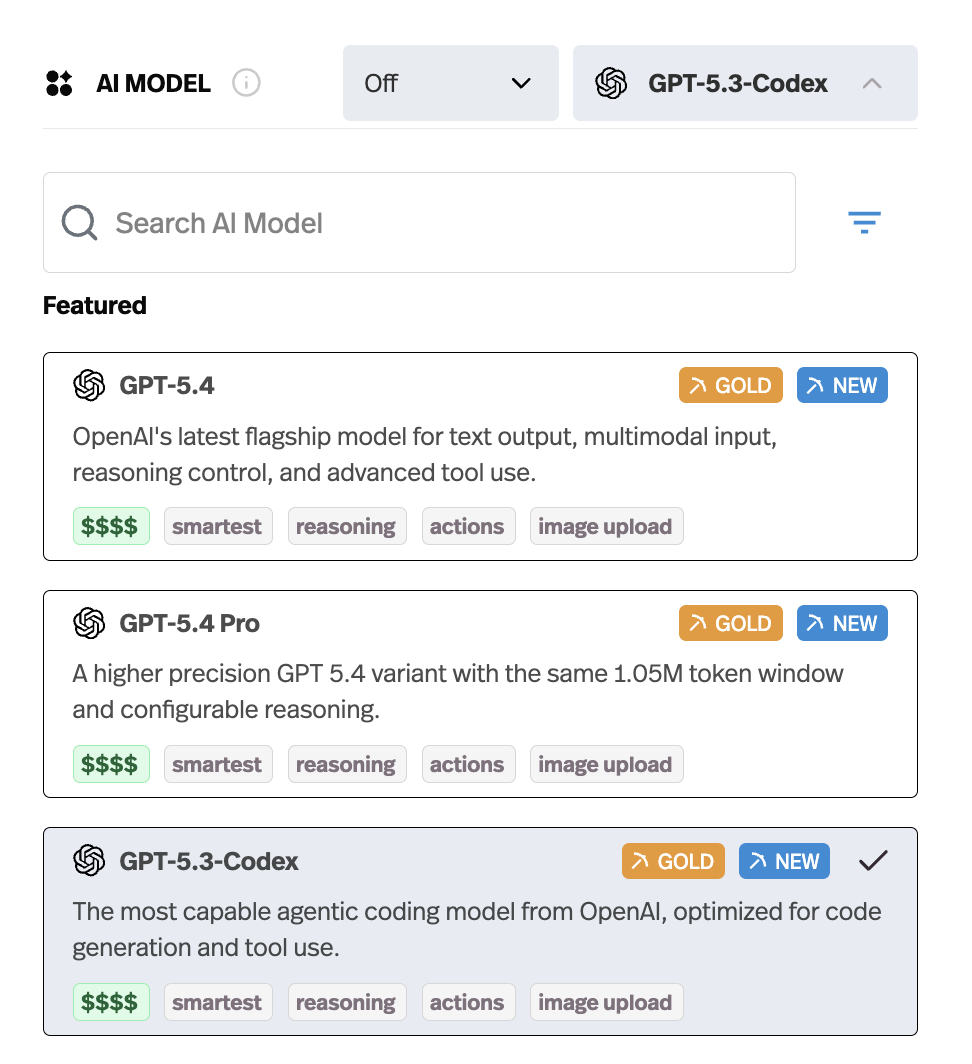 Pickaxe model selector showing multiple AI models available for onboarding agent